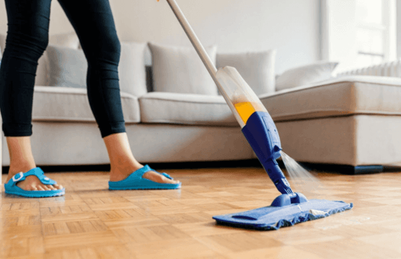 Damp mopping a linoleum floor