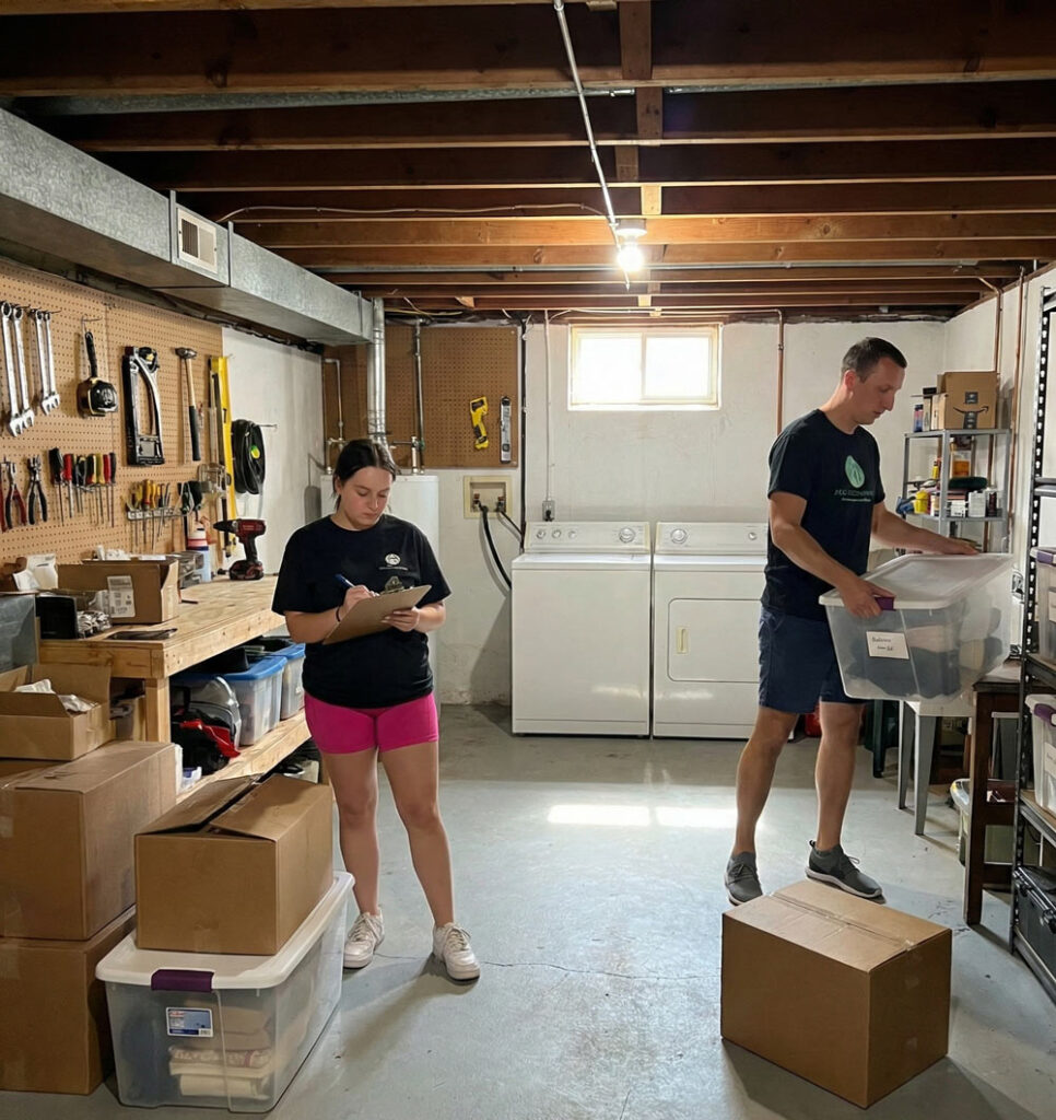 Home decluttering in progress — Eco Cleaning team inventorying and sorting storage bins in basement