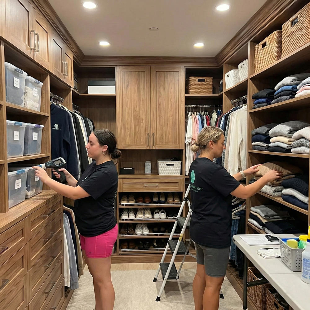 Walk-in closet organization by Eco Cleaning NYC — labeling storage bins and arranging clothing by category