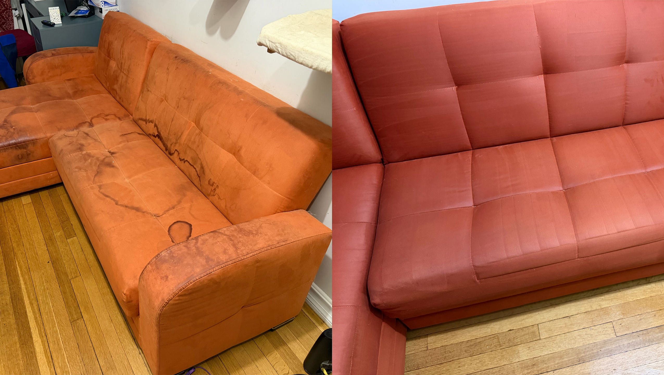 Microsuede couch cleaning before and after — heavy stains fully removed in Manhattan NYC