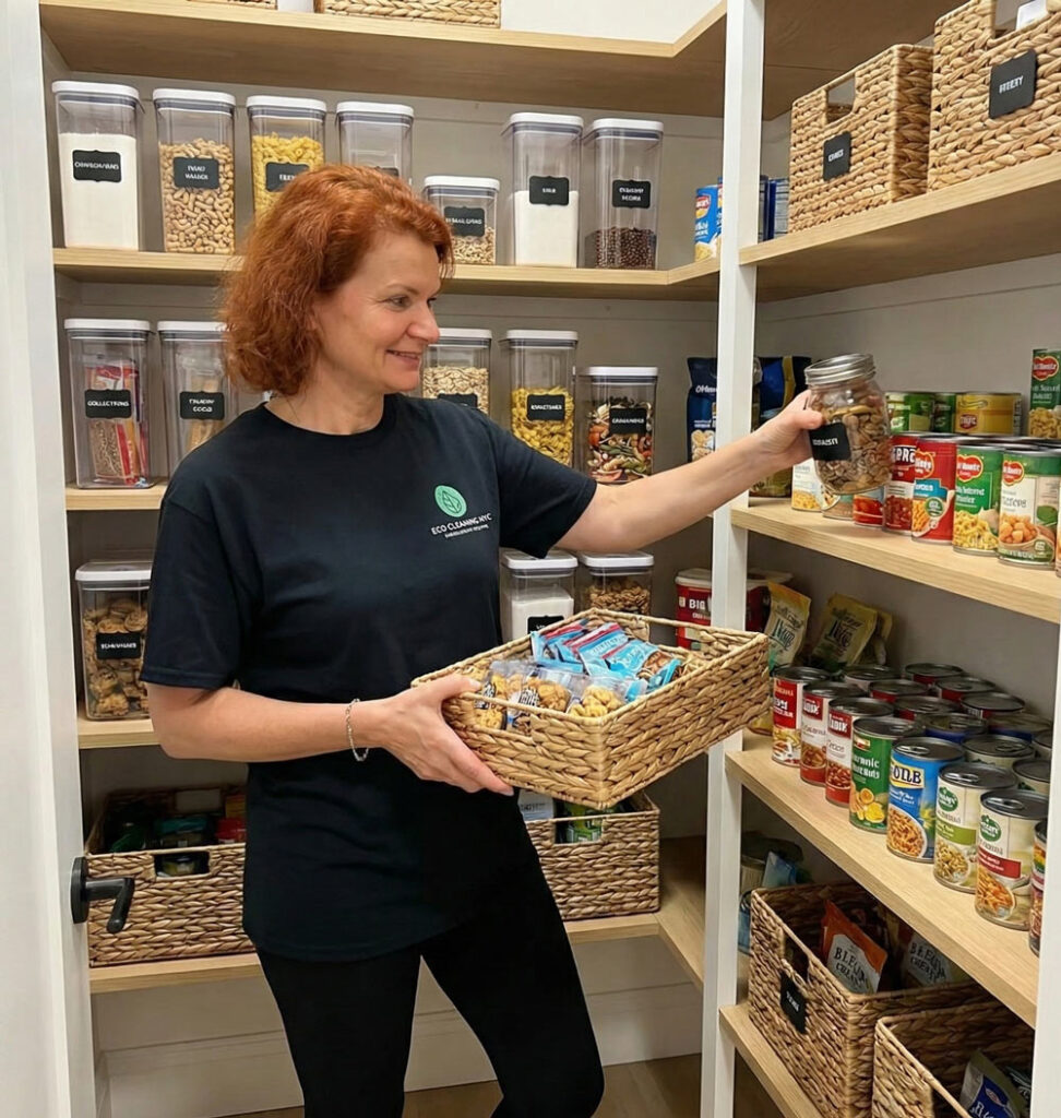 Professional pantry organization in NYC — Eco Cleaning specialist arranging labeled food storage and wicker baskets